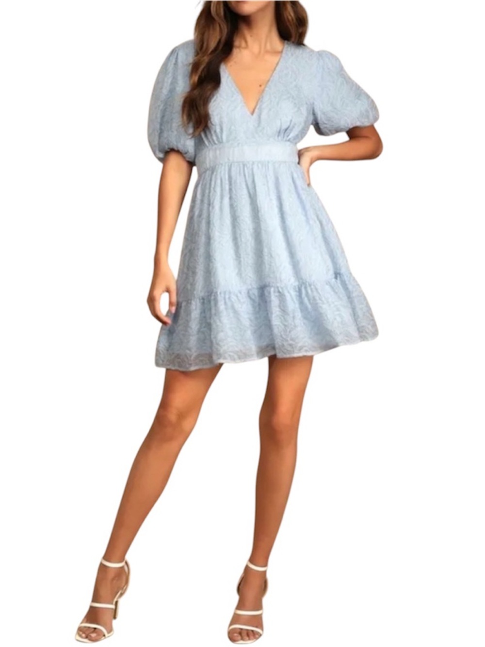 Lulus Romantic Waltz Pastel Blue Organza Mini Dress w/Puff short sleeves Size L
